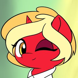 Size: 1500x1500 | Tagged: safe, artist:thecoldsbarn, oc, oc:cylia fever, pony, unicorn, looking at you, one eye closed, profile picture, red fur, wink