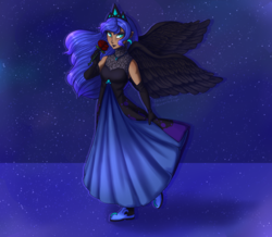 Size: 3240x2831 | Tagged: safe, artist:tears-of-xion, princess luna, human, g4, clothes, dress, female, flower, high res, humanized, rose, solo, winged humanization, wings