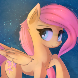 Size: 1354x1354 | Tagged: safe, artist:autumnvoyage, fluttershy, pegasus, pony, g4, chest fluff, ear fluff, eyebrows, female, folded wings, looking at you, mare, smiling, smiling at you, solo, wings