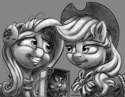 Size: 2200x1700 | Tagged: safe, artist:noctomaeus, applejack, fluttershy, holly the hearths warmer doll, pony, g4, my little pony best gift ever, clothes, cute, earmuffs, grayscale, monochrome, scene interpretation, signature, unamused, winter outfit