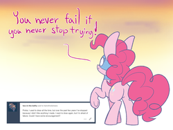 Size: 1280x960 | Tagged: safe, artist:heir-of-rick, pinkie pie, earth pony, pony, g4, ask, balloonbutt, butt, chalkzone, dialogue, female, gradient background, mare, mask, motivational, plot, raised hoof, rear view, snaponka, snappy pie, solo, sunset, tumblr, underhoof