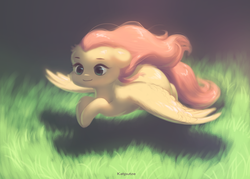 Size: 2580x1852 | Tagged: safe, artist:katputze, fluttershy, pegasus, pony, g4, butt fluff, cheek fluff, cute, female, floppy ears, fluffy, flying, grass, mare, shadow, shoulder fluff, shyabetes, smiling, solo, spread wings, windswept mane, wing fluff, wings