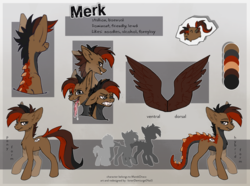 Size: 2442x1818 | Tagged: safe, artist:lonerdemiurge_nail, oc, oc:merk, hybrid, pony, fangs, reference sheet, smiling, smirk, tail, tongue out, wings