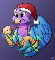 Size: 857x933 | Tagged: safe, artist:phoenix-of-starlight, oc, oc only, oc:gyro feather, oc:gyro tech, griffon, christmas, christmas lights, griffon oc, griffonized, hat, holiday, lights, male, purple background, santa hat, simple background, solo, species swap
