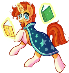 Size: 1500x1575 | Tagged: safe, artist:taelvea, sunburst, pony, unicorn, g4, book, cape, clothes, cute, glasses, glowing horn, horn, levitation, looking at you, magic, male, raised hoof, rearing, simple background, smiling, solo, stallion, telekinesis, transparent background
