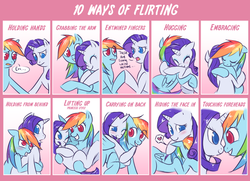 Size: 900x650 | Tagged: safe, artist:cat-cly, color edit, edit, rainbow dash, rarity, pony, g4, blushing, boop, carrying, colored, cute, drawing meme, female, flirting, holding, hug, hug from behind, lesbian, looking at each other, meme, noseboop, ponies riding ponies, rarity riding rainbow dash, riding, ship:raridash, shipping