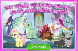 Size: 1036x688 | Tagged: safe, gameloft, beachcomber (g4), gaius, high tide (g4), spiracle, yona's grandpa, changedling, changeling, dragon, earth pony, pony, yak, g4, the hearth's warming club, advertisement, female, limited-time story, male, mare, stallion