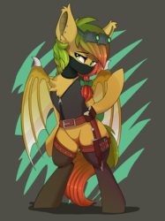 Size: 4006x5351 | Tagged: safe, artist:beardie, oc, oc only, oc:mango, bat pony, pony, absurd resolution, balaclava, bipedal, boots, bow, braid, chest fluff, clothes, ear piercing, garter belt, goggles, hair bow, knife, mask, multicolored hair, multicolored mane, night vision goggles, piercing, shoes, solo, stockings, the ass was fat, thick, thigh highs, vest