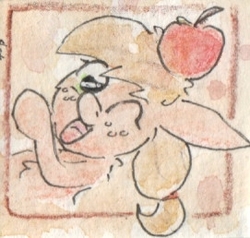 Size: 271x258 | Tagged: safe, artist:slightlyshade, applejack, earth pony, pony, g4, apple, female, food, looking at you, mare, one eye closed, open mouth, raised hoof, solo, that pony sure does love apples, traditional art, wink