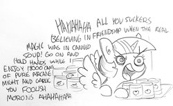 Size: 1661x1015 | Tagged: safe, artist:tjpones, twilight sparkle, alicorn, pony, g4, canned food, context is for the weak, female, food, mare, monochrome, op is on drugs, sketch, solo, soup, text, twilight sparkle (alicorn), wat