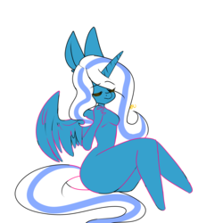 Size: 3000x3000 | Tagged: safe, artist:xansfucku, oc, oc:fleurbelle, alicorn, anthro, adorabelle, alicorn oc, breasts, cute, eyelashes, eyes closed, featureless breasts, female, high res, long hair, long mane, long tail, mare, sitting, spread wings, wings