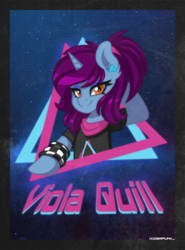 Size: 1200x1622 | Tagged: safe, artist:ciderpunk, oc, oc only, oc:viola quill, pony, unicorn, 80s, ear piercing, earring, jewelry, piercing, synthwave