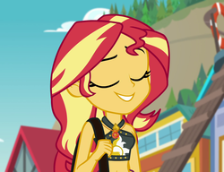 Size: 1406x1080 | Tagged: safe, screencap, sunset shimmer, equestria girls, equestria girls specials, g4, my little pony equestria girls: better together, my little pony equestria girls: forgotten friendship, belly button, bikini, bikini babe, clothes, cropped, eyes closed, female, geode of empathy, magical geodes, midriff, sleeveless, smiling, solo, swimsuit