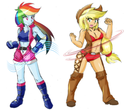Size: 3000x2656 | Tagged: safe, artist:danmakuman, edit, applejack, rainbow dash, human, equestria girls, g4, armpits, boots, breasts, chaps, cleavage, clothes, female, fingerless gloves, gloves, high res, shoes, simple background, vest, white background