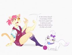 Size: 1600x1234 | Tagged: safe, artist:skidoo-art, opalescence, sour sweet, cat, g4, dialogue, duo, duo female, female, human to cat, implied rarity, meow, mid-transformation, simple background, speech bubble, speech change, transformation, unwilling transformation, white background, yarn
