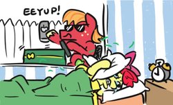 Size: 815x498 | Tagged: safe, artist:jargon scott, apple bloom, big macintosh, earth pony, pony, g4, 30 year old boomer, alarm clock, bed, bedroom, blanket, boomer, clock, crying, dialogue, eeyup, energy drink, female, filly, lawn mower, male, meme, pillow, ponified meme, stallion, sunglasses, teary eyes