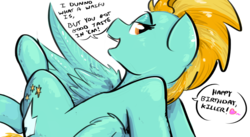 Size: 1571x860 | Tagged: safe, artist:testostepone, lightning dust, pegasus, pony, g4, birthday, female, happy birthday, heart, looking at you, looking back, looking back at you, mare, simple background, solo, waifu, white background, wings