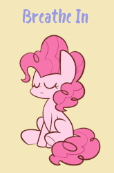 Size: 930x1412 | Tagged: safe, artist:typhwosion, part of a set, pinkie pie, earth pony, pony, g4, animated, breath, breathing, calm, colored, english, eyes closed, female, flat colors, gif, mare, positive ponies, relaxing, simple background, sitting, solo, text, underhoof, yellow background