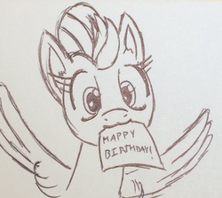Size: 1113x992 | Tagged: artist needed, safe, lightning dust, pegasus, pony, g4, birthday, female, happy birthday, looking at you, mare, mouth hold, paper, simple background, sketch, solo, spread wings, traditional art, wings