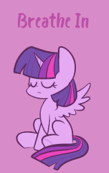 Size: 832x1317 | Tagged: safe, artist:typhwosion, part of a set, twilight sparkle, alicorn, pony, g4, animated, eyes closed, female, gif, mare, positive ponies, purple background, relaxing, simple background, sitting, solo, spread wings, text, twilight sparkle (alicorn), underhoof, wings