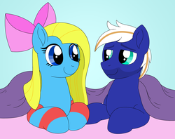 Size: 1494x1181 | Tagged: safe, artist:pieman24601, derpibooru exclusive, oc, oc:cuteamena, oc:electric blue, pony, bed, blanket, bow, clothes, couple, cute, electricute, facial hair, female, kitchen eyes, male, needs more saturation, oc x oc, shipping, socks, striped socks