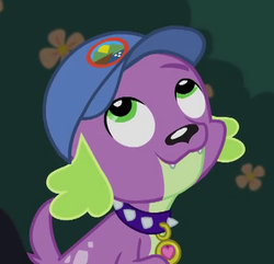Size: 401x386 | Tagged: safe, screencap, spike, spike the regular dog, dog, equestria girls, g4, my little pony equestria girls: legend of everfree, camp everfree logo, cap, cropped, cute, hat, male, smiling, solo, spikabetes