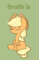 Size: 930x1412 | Tagged: safe, artist:typhwosion, part of a set, applejack, earth pony, pony, g4, :c, :o, animated, applejack's hat, breathing, cowboy hat, cute, eyes closed, female, freckles, frown, gif, green background, hat, jackabetes, mare, missing cutie mark, open mouth, positive ponies, relaxing, simple background, sitting, solo, text, underhoof