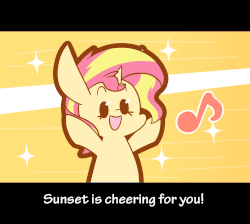 Size: 1280x1148 | Tagged: safe, artist:typhwosion, part of a set, sunset shimmer, pony, unicorn, g4, :d, abstract background, animated, cheering, chibi, cute, eyes closed, female, gif, happy, hooves up, magikarp jump, mare, music notes, open mouth, positive ponies, shimmerbetes, simple background, smiling, solo, sparkles, text, xd