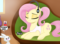 Size: 3400x2500 | Tagged: safe, artist:theretroart88, angel bunny, fluttershy, pegasus, pony, rabbit, g4, clothes, eyes closed, female, headphones, high res, mare, pepsi, shirt, smiling, soda, wingless