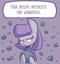 Size: 1185x1263 | Tagged: safe, artist:typhwosion, maud pie, earth pony, pony, g4, asperger's syndrome, autism, autism spectrum disorder, autistic maud, clothes, headcanon, neurodivergent, neurodivergent headcanon, pie, positive ponies, rock, simple background, solo, speech bubble, text, that pony sure does love rocks