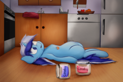 Size: 1500x1000 | Tagged: safe, artist:rainyvisualz, minuette, pony, unicorn, g4, apple, belly, cookie, cookie jar, crumbs, derp, empty jar, female, food, kitchen, lying down, lying on the floor, mare, orange, solo, stomach noise, stuffed