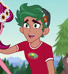 Size: 592x644 | Tagged: safe, screencap, gloriosa daisy, timber spruce, equestria girls, g4, my little pony equestria girls: legend of everfree, camp everfree logo, camp everfree outfits, cropped, cute, male, offscreen character, smiling, timberbetes