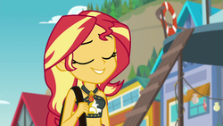 Size: 1920x1080 | Tagged: safe, screencap, sunset shimmer, equestria girls, equestria girls series, forgotten friendship, g4, belly button, bikini, bikini babe, clothes, eyes closed, female, geode of empathy, magical geodes, midriff, sleeveless, smiling, solo, swimsuit