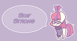 Size: 1280x688 | Tagged: safe, artist:typhwosion, moondancer, pony, unicorn, g4, clothes, female, glasses, mare, messy mane, positive ponies, purple background, simple background, smiling, solo, speech bubble, sweater, text