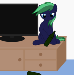 Size: 3598x3634 | Tagged: safe, artist:waveywaves, oc, oc only, oc:middy, pony, behaving like a cat, bottle, female, high res, mare, solo, television