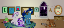 Size: 1000x434 | Tagged: safe, artist:ultraspacemobile, night light, smarty pants, twilight sparkle, twilight velvet, pony, equestria daily, g4, 2011, banner, broken glass, broken window, christmas, holiday, present, toy, window, younger