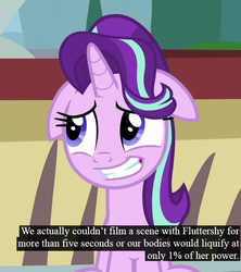 Size: 550x620 | Tagged: safe, edit, screencap, starlight glimmer, g4, the parent map, caption, floppy ears, implied fluttershy, nervous, text