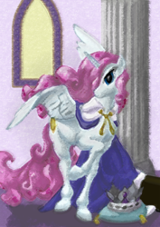 Size: 588x832 | Tagged: safe, artist:ultraspacemobile, princess celestia, alicorn, pony, g4, alternate hairstyle, cape, clothes, crown, jewelry, painting, pink mane, regalia