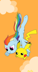 Size: 2200x4200 | Tagged: safe, rainbow dash, pikachu, pony, g4, cloud, crossover, pokémon, underhoof