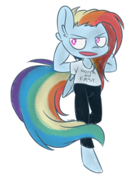 Size: 1667x2291 | Tagged: safe, artist:sinamuna, rainbow dash, pegasus, anthro, g4, alternate hairstyle, blue fur, clothes, female, folded wings, gotta go fast, hooves behind head, hooves up, leggings, multicolored hair, pants, pink eyes, rainbow colored mane, shirt, simple background, smug, solo, t-shirt, tail, undercut, white background, wings
