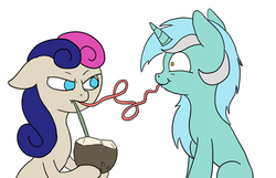 Size: 900x579 | Tagged: safe, artist:slamjam, bon bon, lyra heartstrings, sweetie drops, earth pony, pony, unicorn, g4, /mlp/, :t, annoyed, background pony, bon bon is not amused, coconut, coconut cup, crazy straw, drinking straw, drinking through a straw, duo, female, floppy ears, food, frown, glare, hoof hold, how, l.u.l.s., lesbian, mare, puffy cheeks, ship:lyrabon, shipping, simple background, sipping, straw, unamused, wat, white background, wide eyes