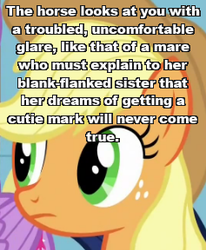 Size: 237x288 | Tagged: safe, edit, edited screencap, screencap, applejack, twilight sparkle, alicorn, earth pony, pony, g4, /tg/, 4chan, blank expression, caption, cropped, episode needed, female, freckles, image macro, implied apple bloom, implied cutie mark crusaders, mare, picture for breezies, prequel (webcomic), solo focus, text, twilight sparkle (alicorn)