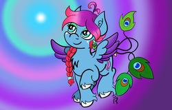 Size: 3000x1920 | Tagged: safe, artist:dawn-designs-art, oc, oc only, oc:plume, bird, bird pone, peacock, pegasus, pony, blue coat, colored wings, female, mare, multicolored hair, multicolored wings, peacock feathers, red mane, solo, white hooves