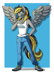 Size: 2500x3500 | Tagged: safe, artist:jack-pie, oc, oc only, oc:fasty, pegasus, anthro, plantigrade anthro, anthro oc, clothes, commission, feet, female, high res, mare, pants, sandals, solo, tank top