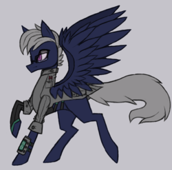 Size: 1152x1136 | Tagged: safe, artist:raptor007, oc, oc only, oc:wind, pegasus, pony, clothes, colored sketch, high collar, lab coat, male, pocket, science, simple background, sketch, spread wings, straps, trotting, white background, wings