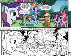 Size: 756x596 | Tagged: safe, artist:pencils, idw, official comic, applejack, pinkie pie, rainbow dash, rarity, twilight sparkle, earth pony, pegasus, pony, unicorn, g4, spoiler:comic, spoiler:comicidw2020, black and white, colored background, comic, crepuscular rays, dialogue, element of loyalty, error, female, filly, filly applejack, filly pinkie pie, filly twilight sparkle, grayscale, group, lineart, mare, monochrome, time travel, tree, work-in-progress, younger