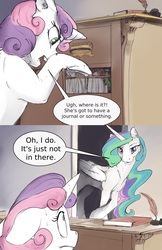 Size: 1280x1976 | Tagged: safe, artist:silfoe, princess celestia, sweetie belle, alicorn, pony, unicorn, royal sketchbook, g4, book, caught, comic, crossed hooves, crossed legs, desk, dialogue, eye contact, female, file cabinet, filly, floppy ears, frown, gritted teeth, inkwell, leaning, lidded eyes, looking at each other, mare, now you fucked up, oh crap face, oops, quill, raised hoof, smiling, smirk, snooping, speech bubble, sweat, sweatdrop, sweetie fail, this will end in banishment, this will end in tears and/or a journey to the moon, this will end in tears and/or death and/or covered in tree sap, this will not end well, wide eyes, you dun goofed
