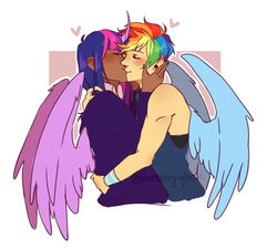 Size: 1280x1152 | Tagged: safe, artist:blueberry-ghost, rainbow dash, twilight sparkle, alicorn, human, g4, clothes, dark skin, eyes closed, female, horn, horned humanization, humanized, kissing, lesbian, ship:twidash, shipping, smiling, twilight sparkle (alicorn), winged humanization, wings