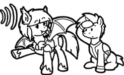 Size: 246x150 | Tagged: safe, artist:crazyperson, oc, oc:witching hour, alicorn, bat pony, pony, fallout equestria, fallout equestria: commonwealth, black and white, ear tufts, fanfic art, generic pony, grayscale, hoof shoes, monochrome, night guard, picture for breezies, pointing, simple background, transparent background