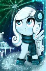 Size: 4200x6400 | Tagged: safe, artist:darksly, oc, oc only, oc:snowdrop, pegasus, pony, 2018, absurd resolution, clothes, female, filly, looking up, open mouth, scarf, smiling, snow, snowfall, solo, updated